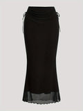 Women's Drawstring Mesh Midi Skirt - Black