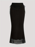 Women's Drawstring Mesh Midi Skirt - Black