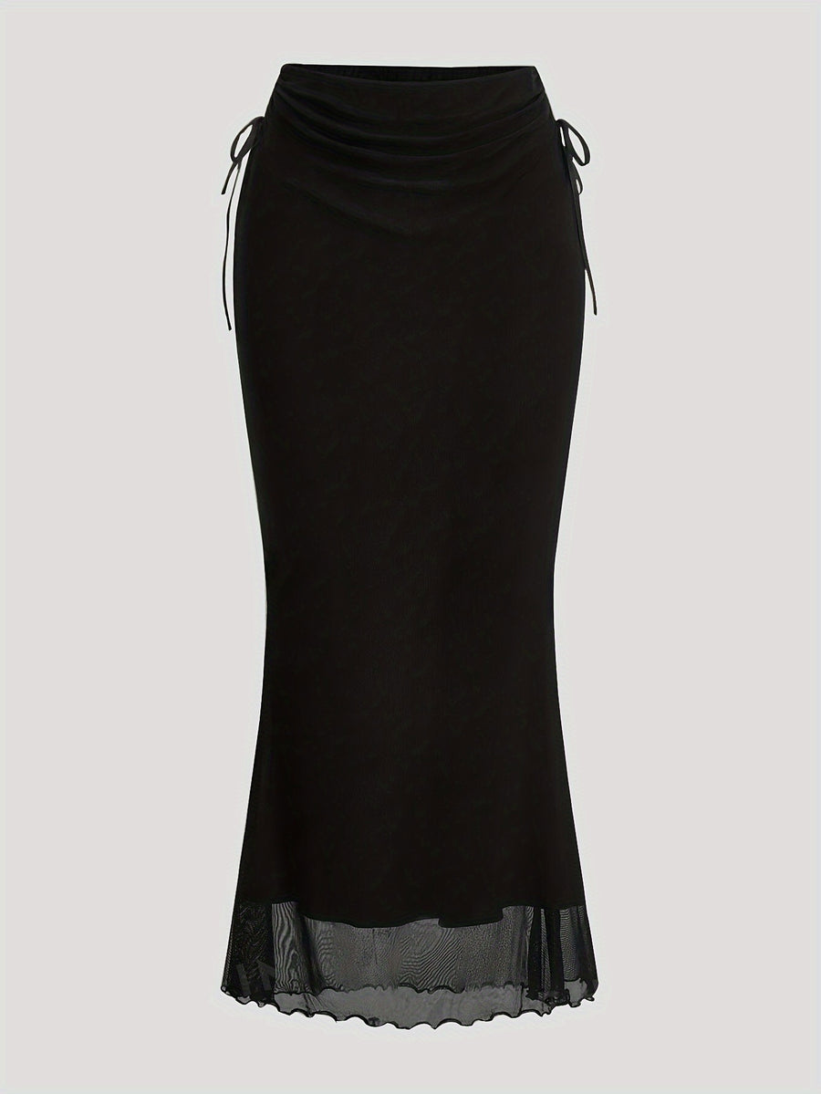 Women's Drawstring Mesh Midi Skirt - Black