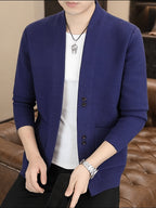[Dulinglan OBM] Spring/Autumn New Men'S Knit Cardigan, Old Money Style Solid Striped Open Collar V-Neck Knit Cardigan Men'S Business Casual Fashion Open Collar Knit Sweater Top, Suitable for Spring, Autumn, Layering Or Outerwear - Dark Blue