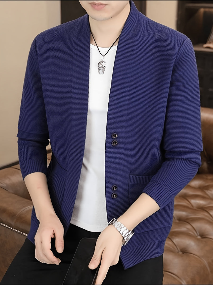 [Dulinglan OBM] Spring/Autumn New Men'S Knit Cardigan, Old Money Style Solid Striped Open Collar V-Neck Knit Cardigan Men'S Business Casual Fashion Open Collar Knit Sweater Top, Suitable for Spring, Autumn, Layering Or Outerwear - Dark Blue