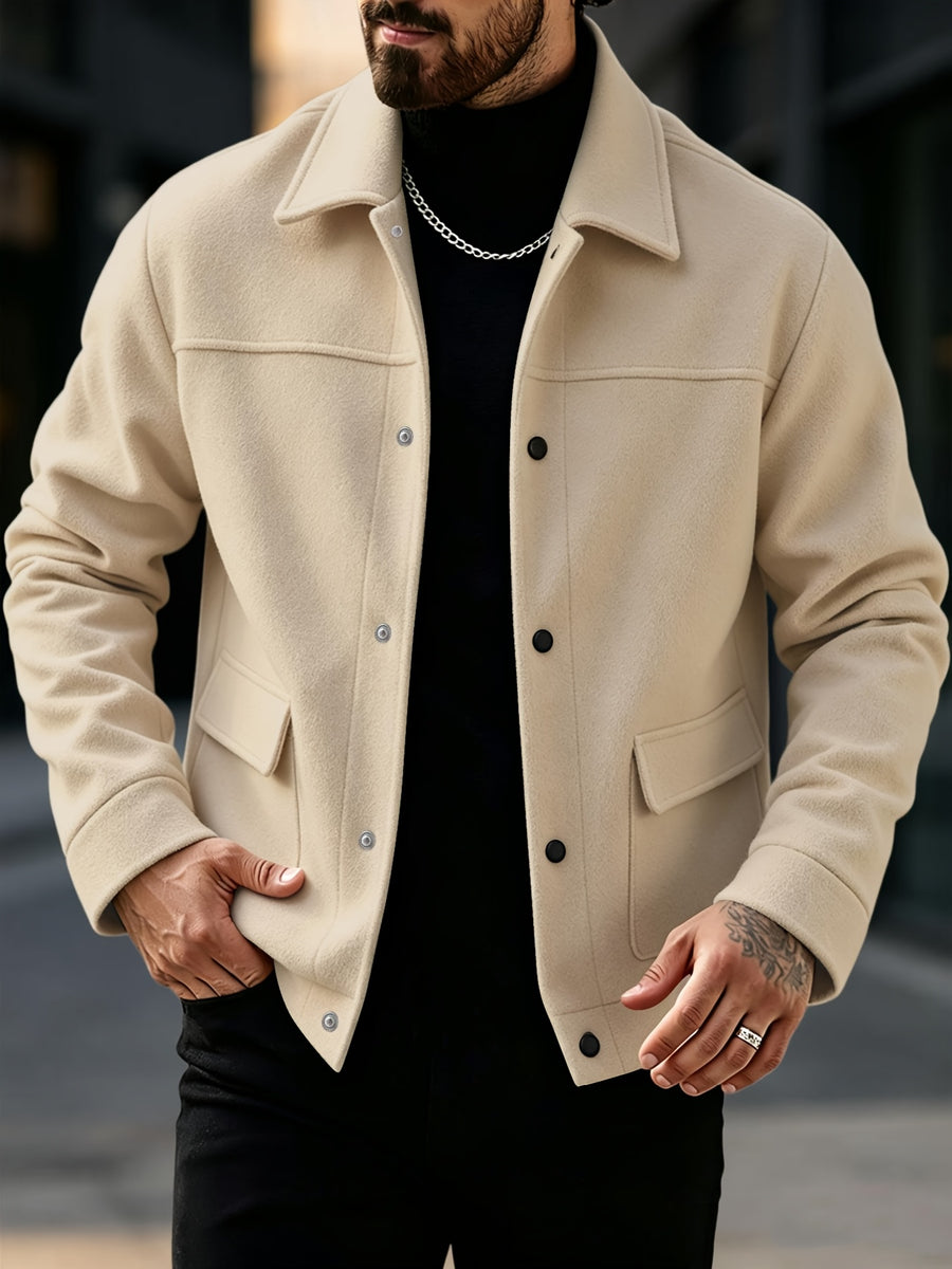 Men's New Autumn/Winter Lapel Tweed Jacket, Loose Drop-Shoulder Snap-Button Design, Multi-Pocket Workwear Style, Business Casual Versatile Outerwear Top - Apricot
