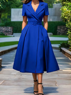 1pc Solid Color Flared Design Fashion Waist-Cinching Elegant Dress with Belt for Daily Wear and Parties NS702 - Royal Blue