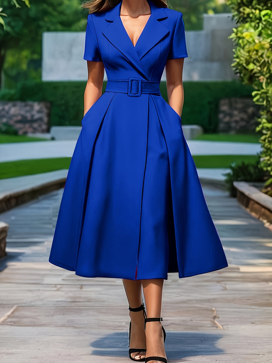 1pc Solid Color Flared Design Fashion Waist-Cinching Elegant Dress with Belt for Daily Wear and Parties NS702 - Royal Blue