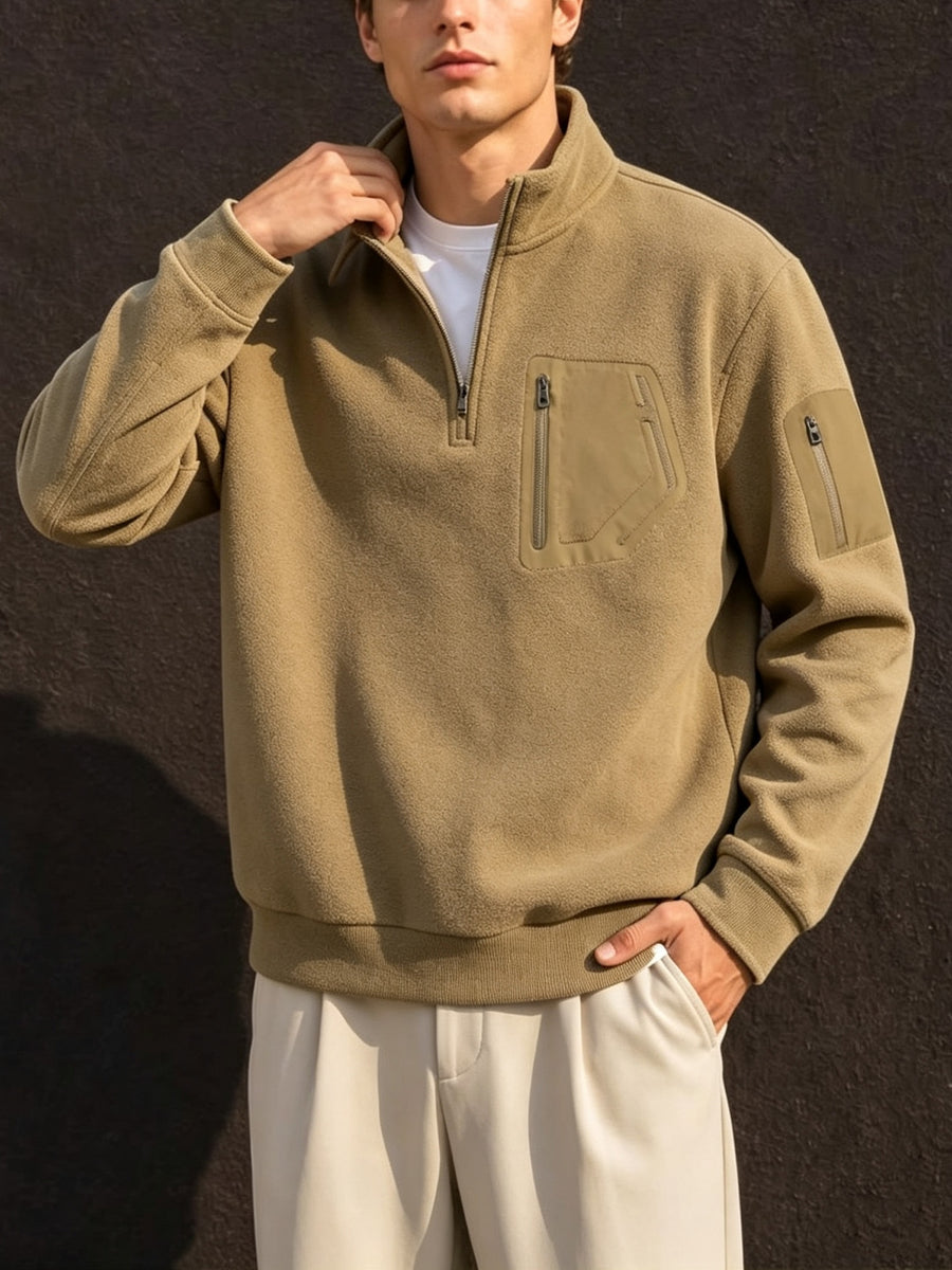 Men's Half-Zip Stand Collar Sweatshirt, Suitable for Daily Commuting, Urban Outings, Outdoor Walks, Short Hikes, Home Leisure, Etc., for Autumn and Winter - Khaki