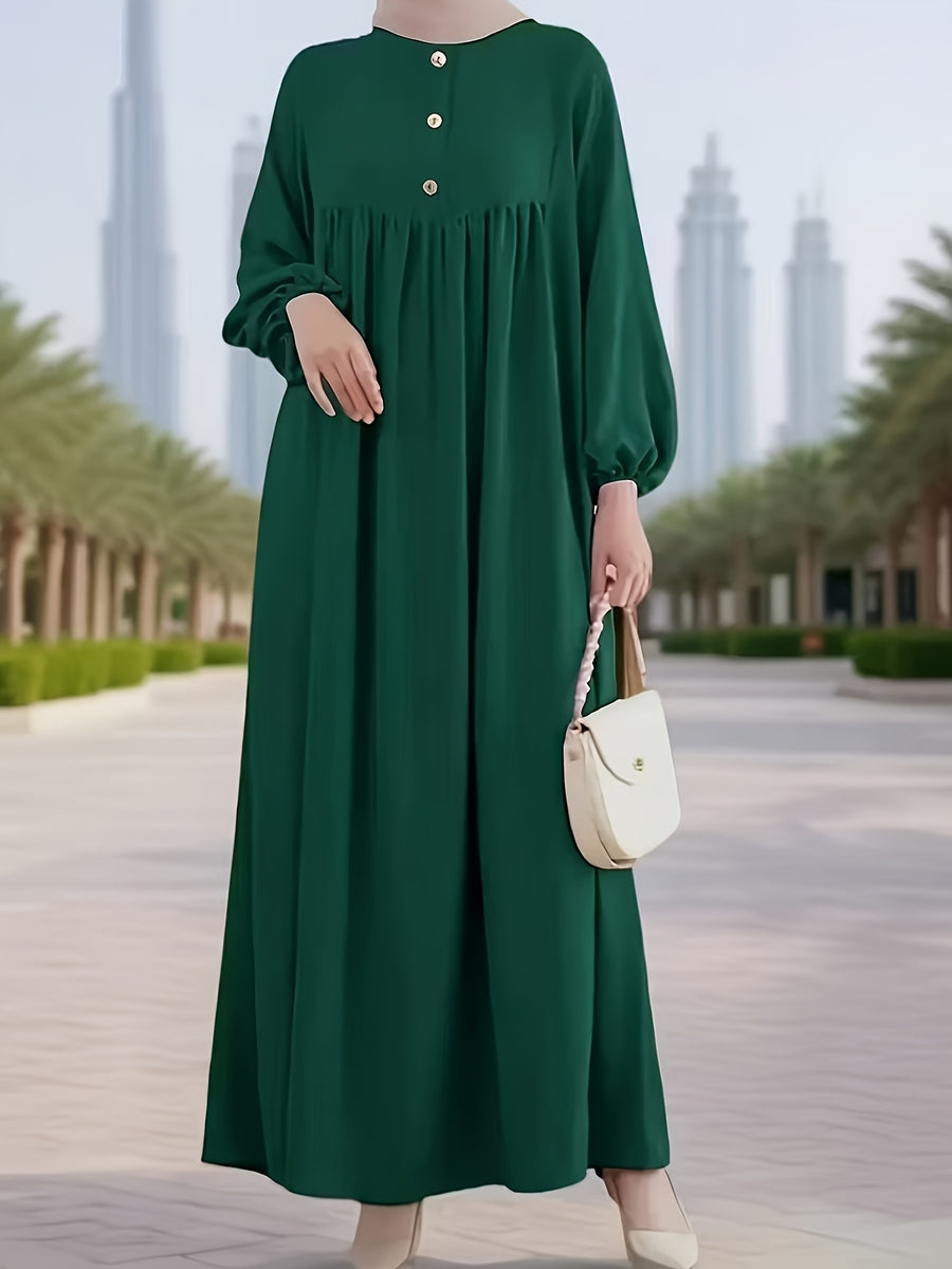 2025 New Muslim Women'S Robe Caramel Color Fashion Casual Bubble Sleeve Easy Loose Solid Color Dress Without Headscarf - Dark Green