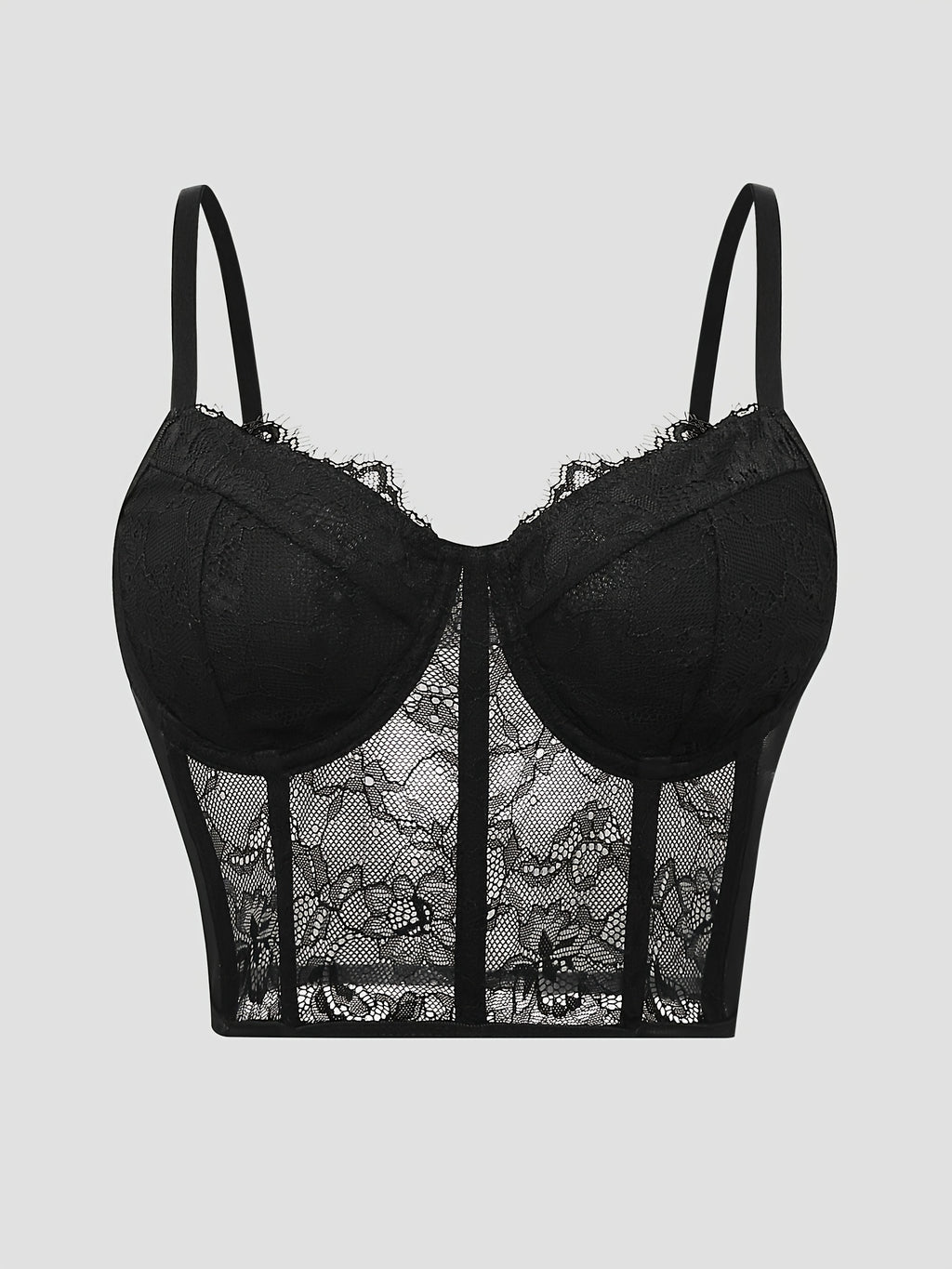 Sexy Black Lace Corset Crop Top with Fishbone Underwire - V-Neck, Backless, Sheer Floral Print, Summer Fashion for Women, Corset Top - Black