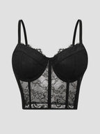 Sexy Black Lace Corset Crop Top with Fishbone Underwire - V-Neck, Backless, Sheer Floral Print, Summer Fashion for Women, Corset Top - Black