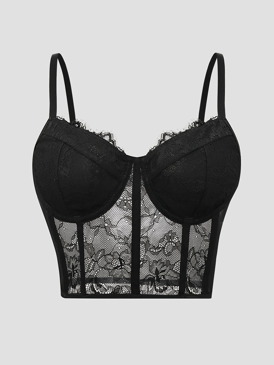 Sexy Black Lace Corset Crop Top with Fishbone Underwire - V-Neck, Backless, Sheer Floral Print, Summer Fashion for Women, Corset Top - Black