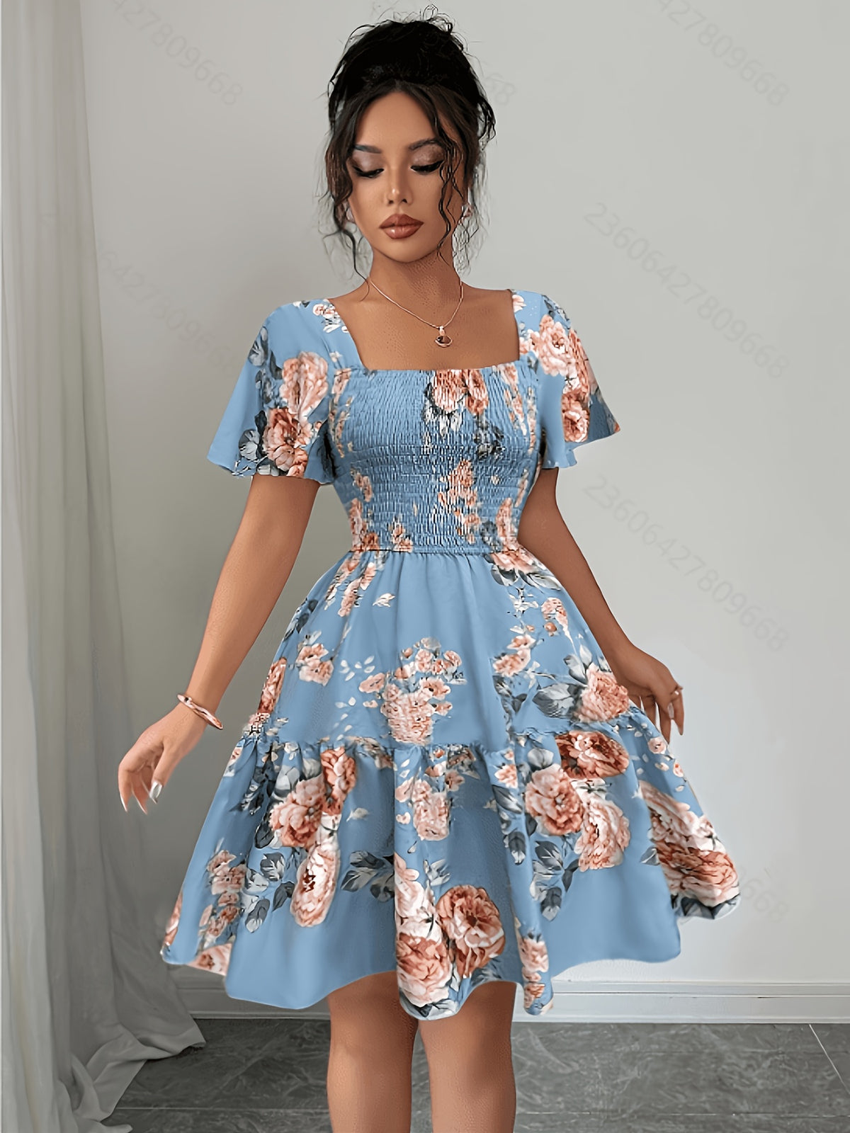 Summer Vacation Floral Print Short Dress with Waist Cinching - Peacock Blue