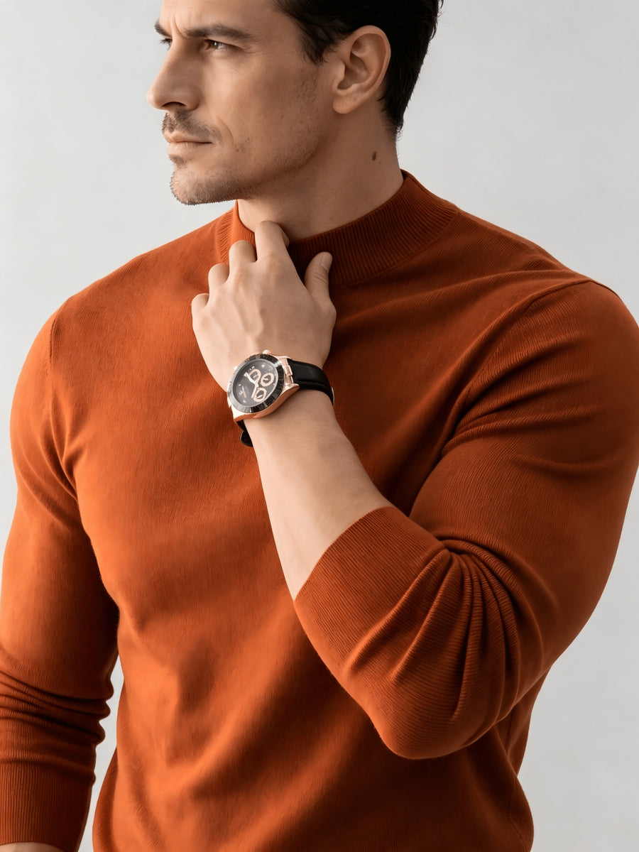 Autumn And Winter New High-End Slim Fit Half-High Collar Knit Long-Sleeve Top Suitable for Mature Men for Commuting, Business / Weekend Casual / Light Business Gatherings, Long-Sleeve Sweater, Mid-Aged Men'S Versatile Long-Sleeve Knit Sweater - Tangerine