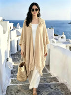 Beach Vacation Boho Fringe Hooded Shawl, Women Oversized Open Front Cardigan Poncho Outer Coat, Lightweight Cape Outer Top - Khaki