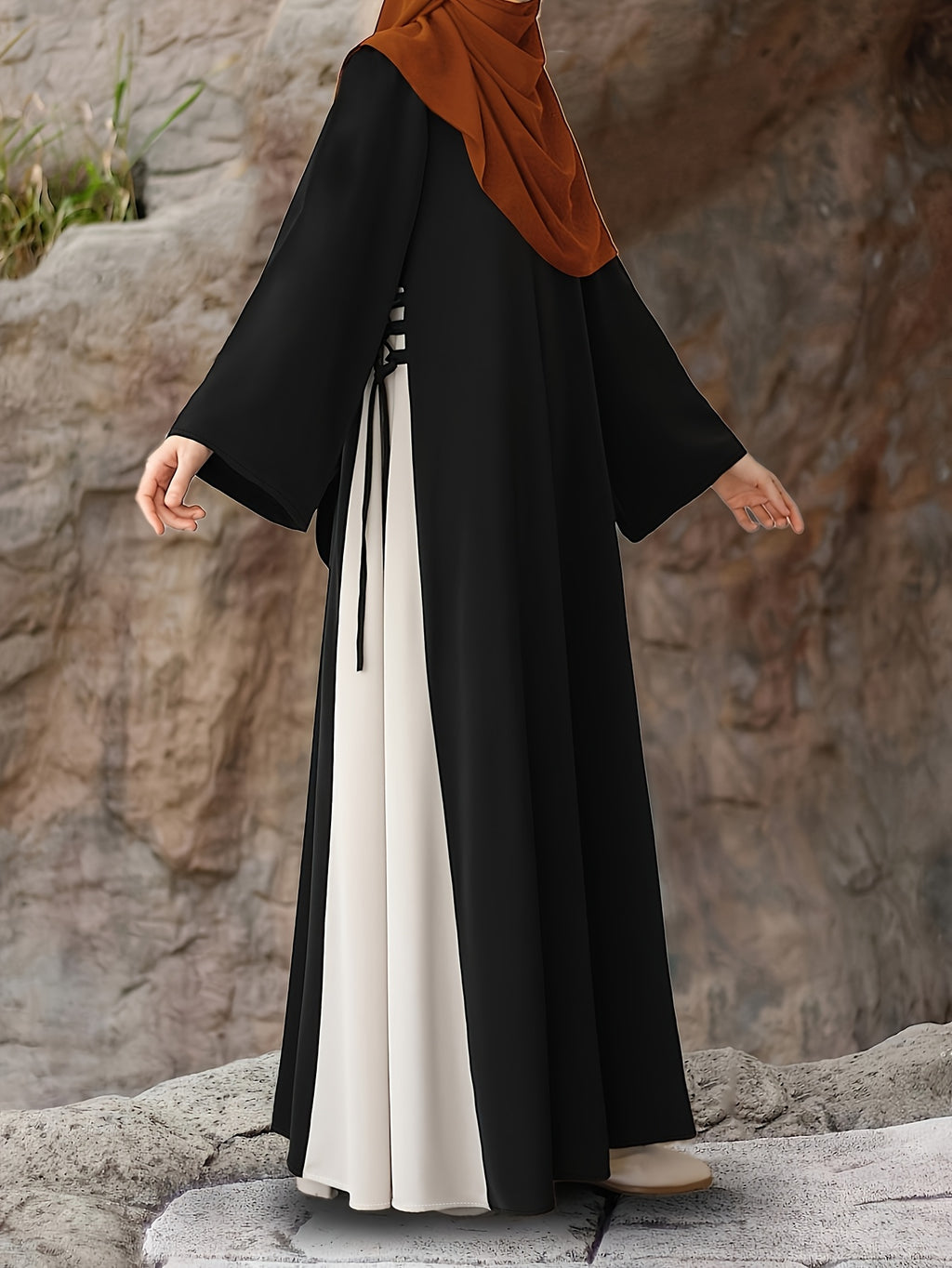 Middle Eastern Muslim Black And White Contrasting Band Waist-Cinching Long-Sleeved Dress, Abaya - an Islamic Loose-Fitting Casual/Commuting Robe, Women'S Elegant Casual Loose-Fitting Long Dress - Black