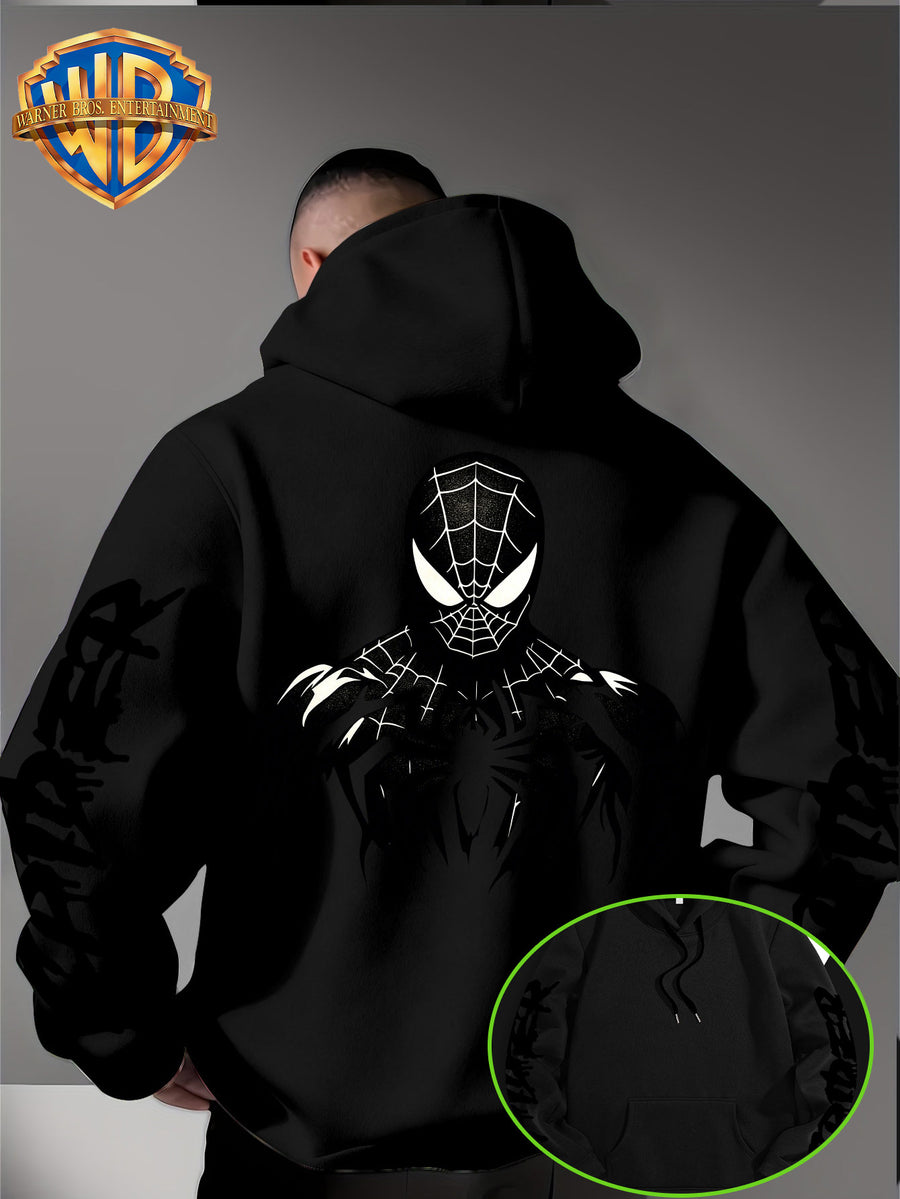 Warner Bros Official Halloween Gift Selection: Classic Spider Print Trendy Sweatshirt for Men, a Stylish and Versatile Hoodie, Comfortable -Lined Warm Autumn/Winter Apparel, Ideal for Sports, Outdoor Outings, Travel, Daily Commuting, and Home Use. - Black