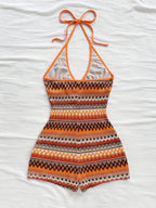 Women's Fashion Irregular Texture Halter Jumpsuit - Orange-Red