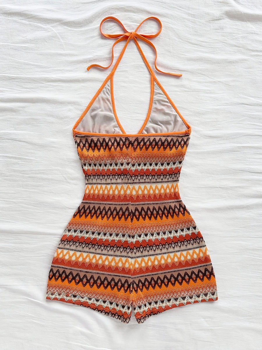 Women's Fashion Irregular Texture Halter Jumpsuit - Orange-Red