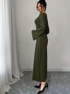 Women'S Solid Ribbed Flared Sleeve Back Tie Traditional Long Dress Elegant Long Dress - Deep Green