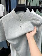 Men's New Summer Casual Stand Collar T-Shirt, Simple and Stylish Thin Breathable Versatile Short Sleeve Tee - Ash
