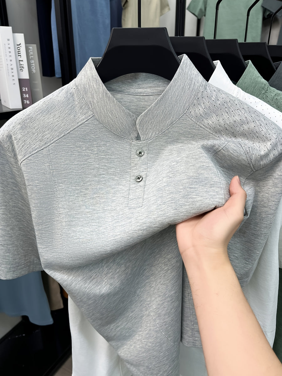 Men's New Summer Casual Stand Collar T-Shirt, Simple and Stylish Thin Breathable Versatile Short Sleeve Tee - Ash