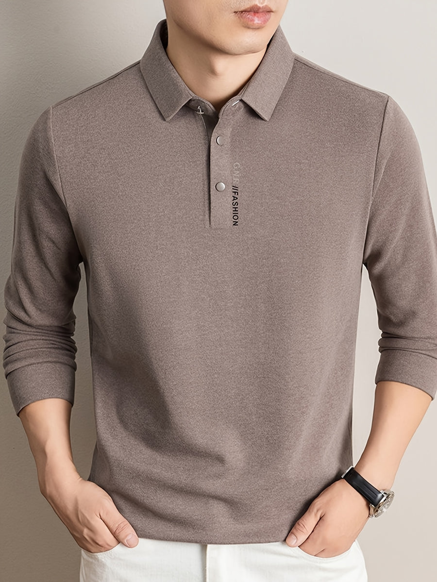 New Autumn 2026 Men's Long-Sleeve T-Shirt, Solid Color Lapel, Simple Daily Wear, Casual Polo Shirt - Coffee Color