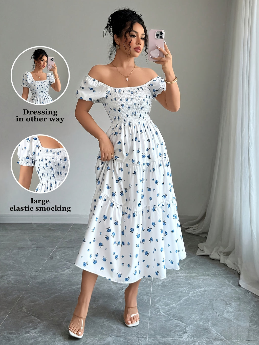 Women'S Ruched Square Neck Short Sleeve Ruffled Hem Dress with Ditsy Floral Print, Suitable for Casual, Work, Travel, Beach, Bohemian, Western, Music Festival, Countryside Style - Blue And White