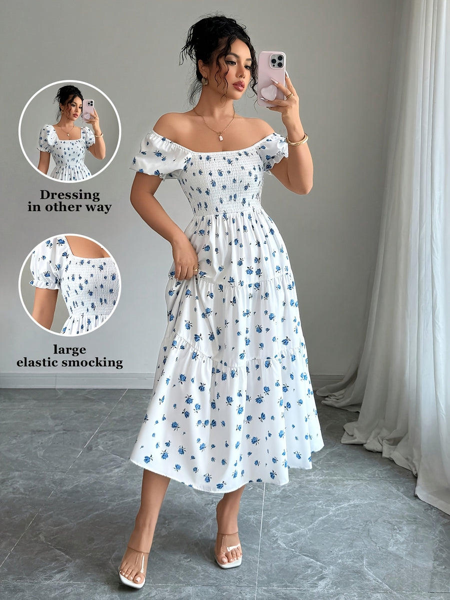 Women'S Ruched Square Neck Short Sleeve Ruffled Hem Dress with Ditsy Floral Print, Suitable for Casual, Work, Travel, Beach, Bohemian, Western, Music Festival, Countryside Style - Blue And White