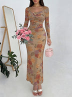 Elegant Women's Wedding Guest Party Dress, Floral Dress with Front Cross-Over Pleated Detail, Slimming Waist-Defining Gathered Long Sleeves, Spring/Autumn Maxi Dress - Mixed colors