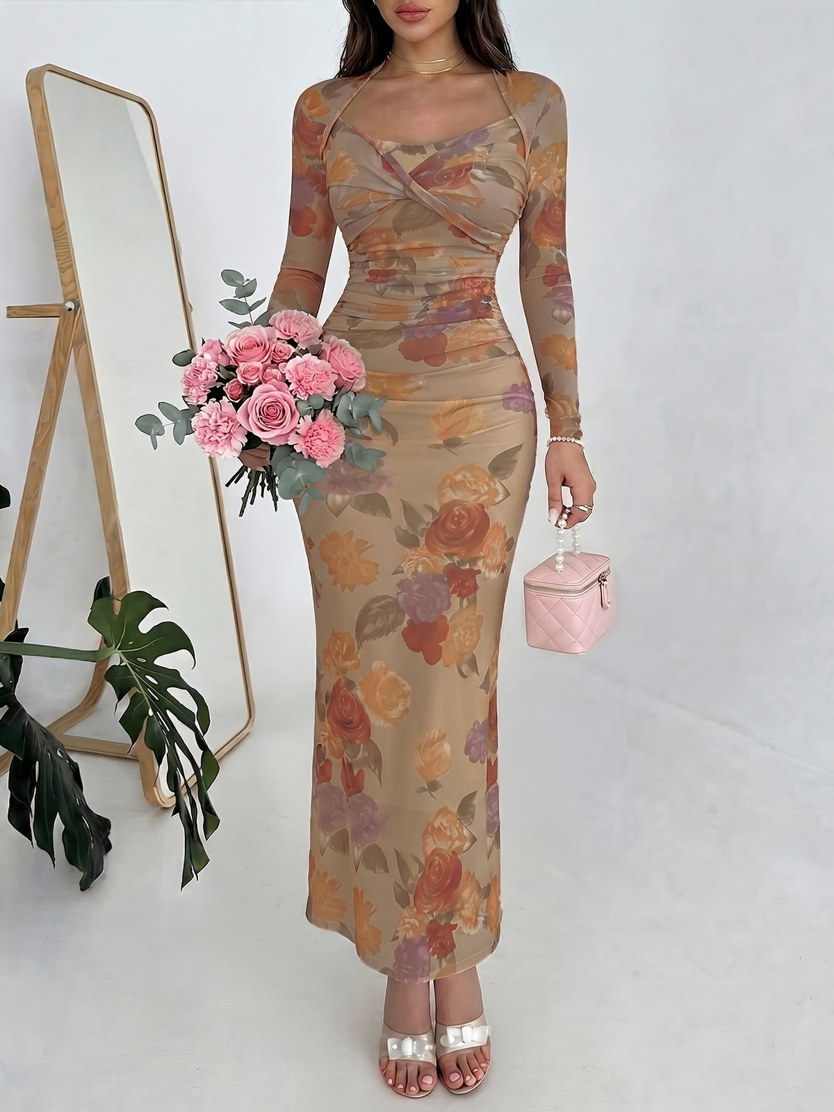 Elegant Women's Wedding Guest Party Dress, Floral Dress with Front Cross-Over Pleated Detail, Slimming Waist-Defining Gathered Long Sleeves, Spring/Autumn Maxi Dress - Mixed colors