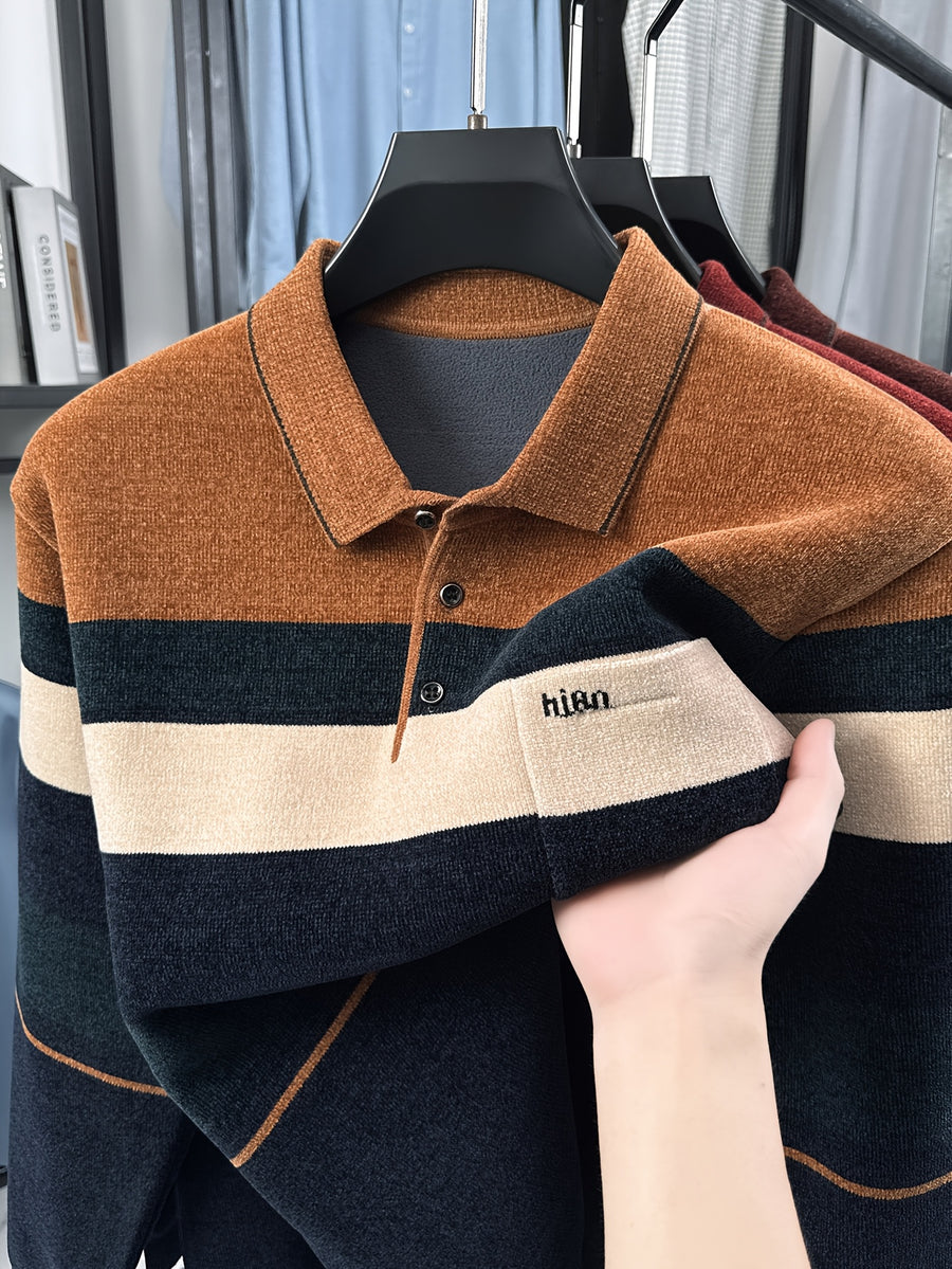 New Men's Color-Block Knit Pullover Autumn/Winter Warm Casual Polo Sweater - Brown