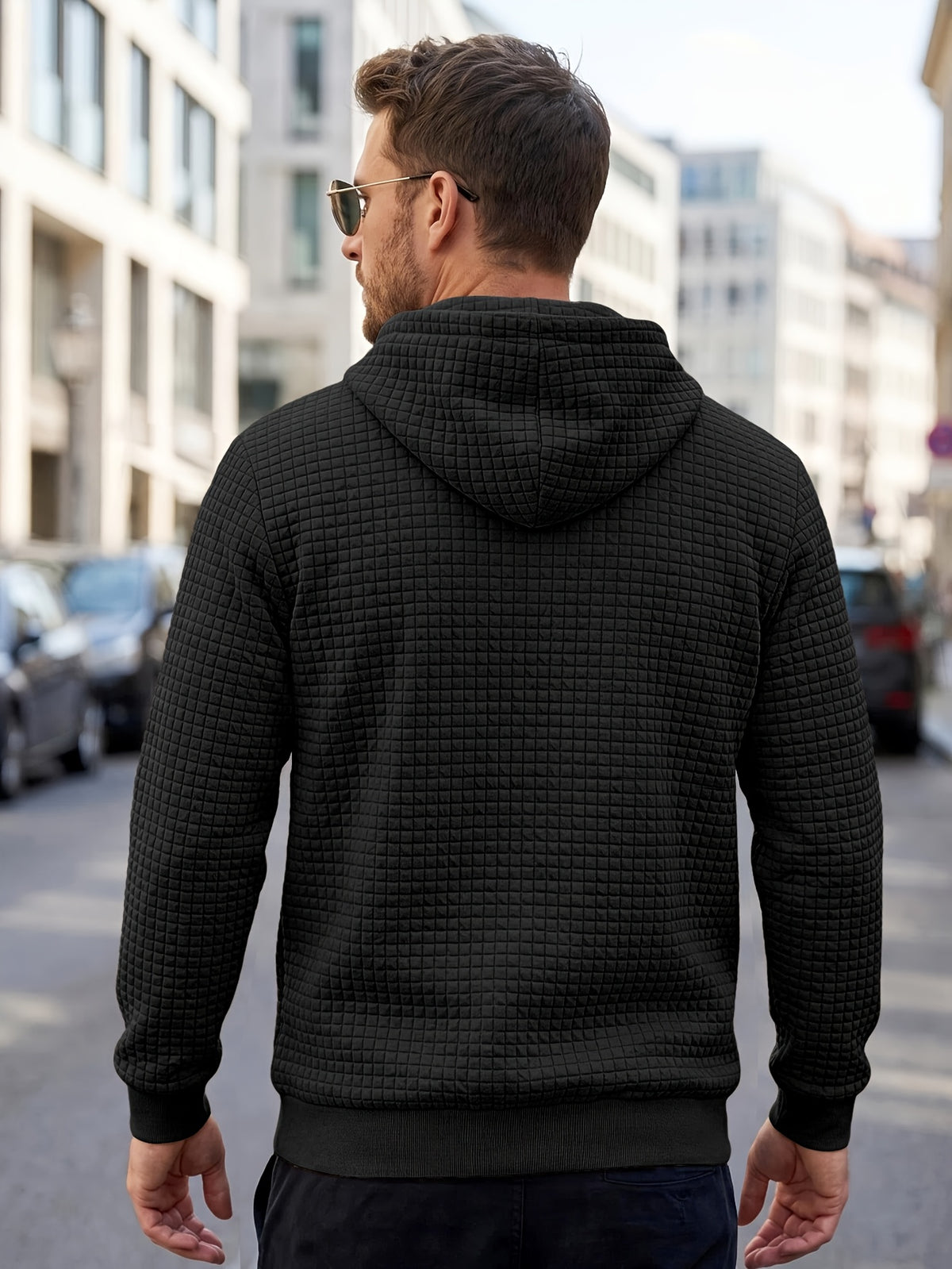 American Style New Men's Casual Pullover Jacquard Sweatshirt, Plaid Hooded Sweatshirt with Large Pocket - Black
