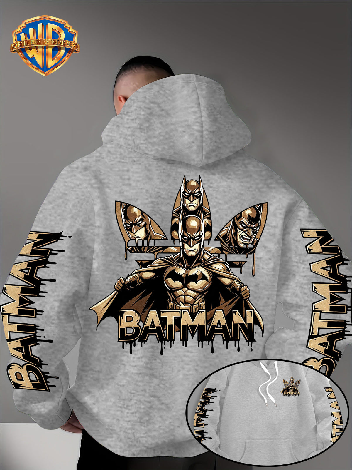 Warner Bros. Official Men's Hooded Sweatshirt - 1pc, Batman BATMAN Vintage Black and Golden Drip Lettering Creative Print, Trendy and Cool DC Superhero IP Graphic Hoodie, Skin-Friendly, Comfortable, and Warm Fabric, Kangaroo Pocket with Ribbed Cuffs - Light Grey