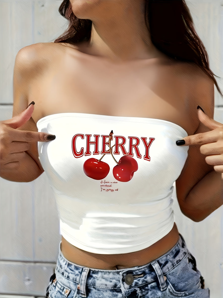 Women'S Cherry Print Tube Top Strapless Short Top, Multifunctional Four-Season Midriff Vest - White