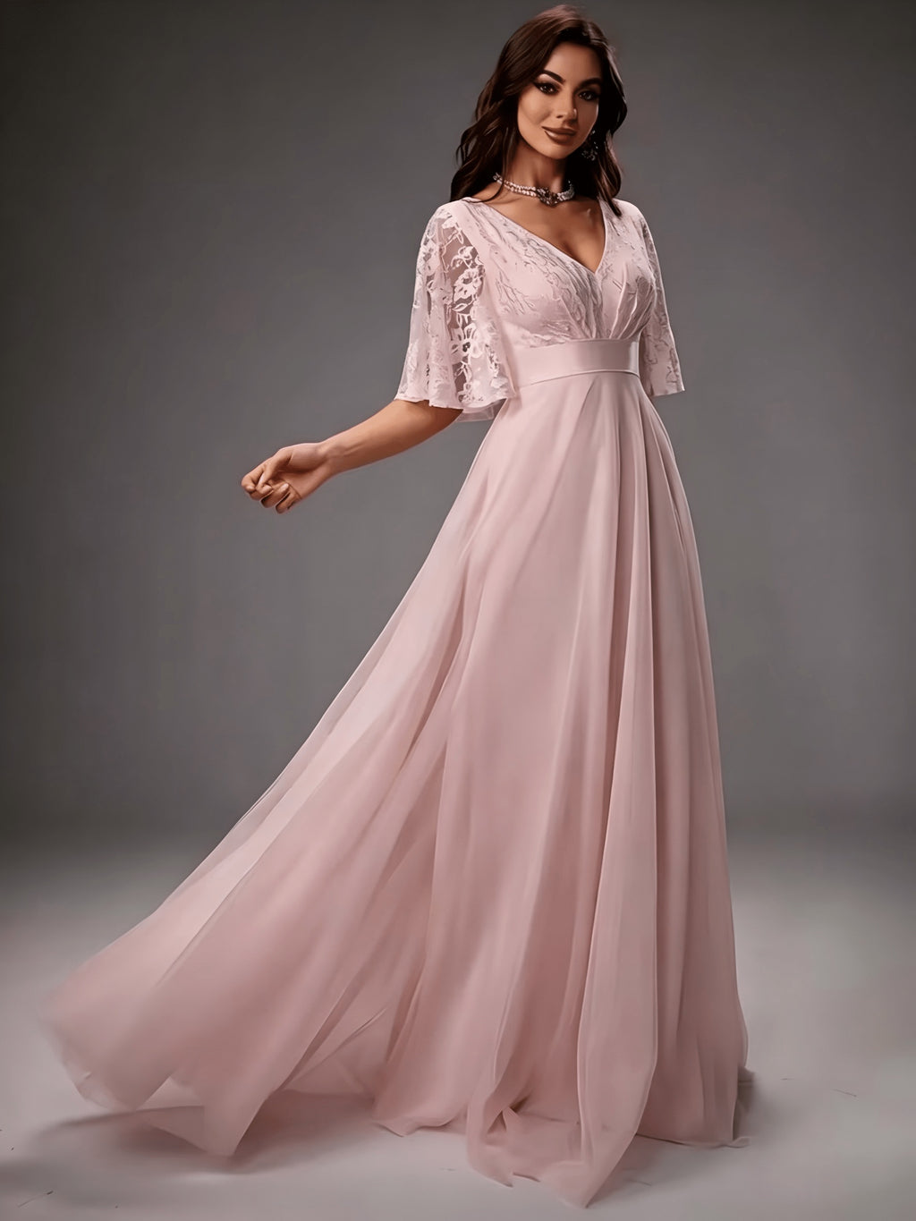 Ladies V-Neck Lace Embroidered Spliced Large Skirt White Mesh Elegant Wedding Dress Gown Dress - Pale Pinkish Gray