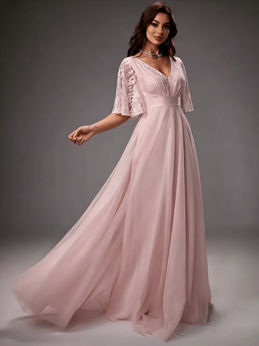 Ladies V-Neck Lace Embroidered Spliced Large Skirt White Mesh Elegant Wedding Dress Gown Dress - Pale Pinkish Gray