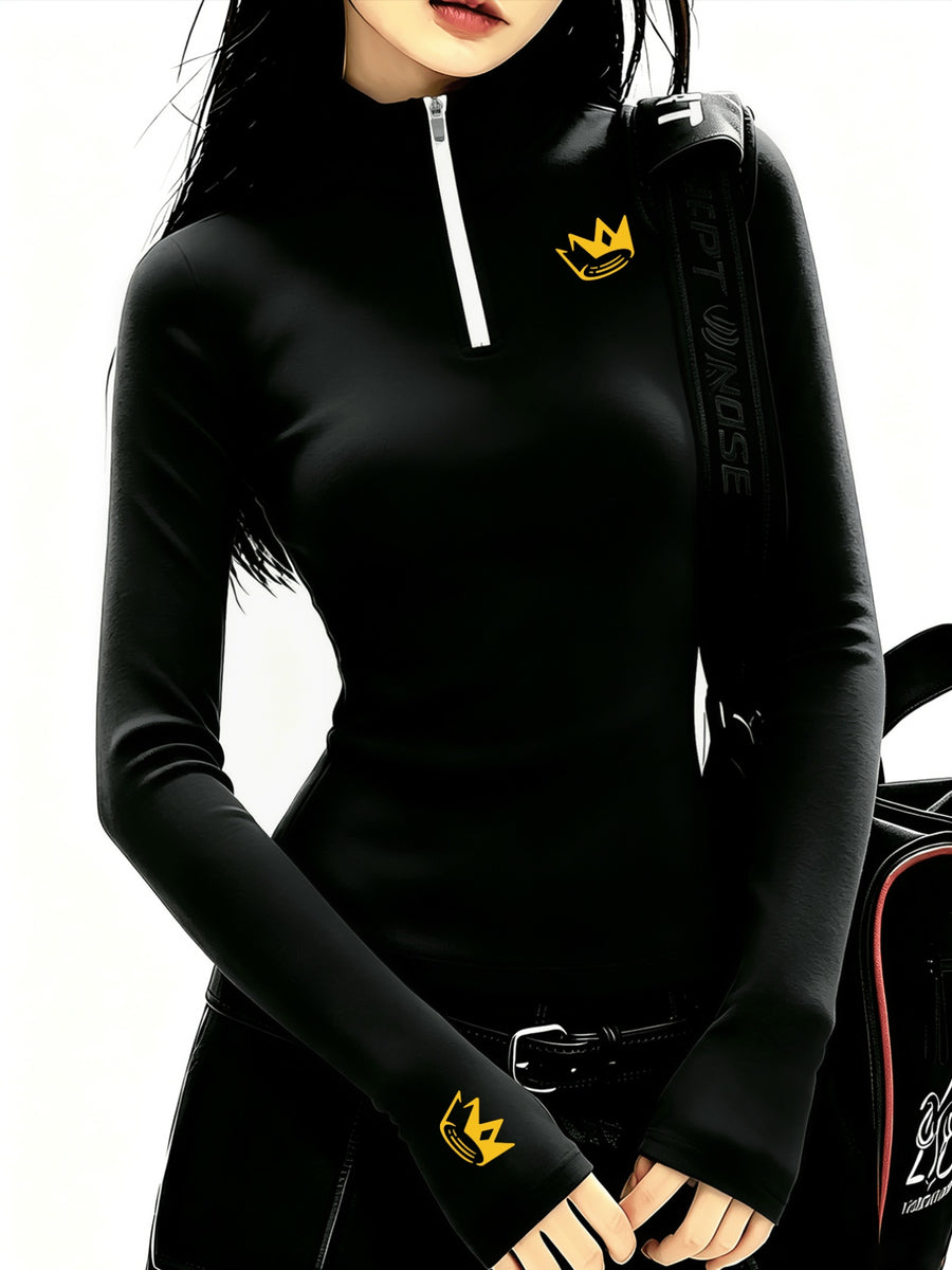Women'S Elegant Semi-High Neck Zipper Long Sleeve Shirt, Mid-Stretch Fabric Top, Warm Layering Essential for Autumn And Winter - Black
