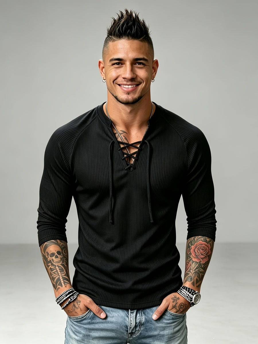 3pcs Set of New Men'S Long Sleeve Drawstring Henley Shirts, Ribbed Knit V-Neck Muscle T-Shirts, Slim Fit Stretch Fitness Tops, Casual Street Fall Winter Base Layers, Slim But Not Tight, Suitable for Commuting And Dates, Multi-Color Options - Gray+green+black