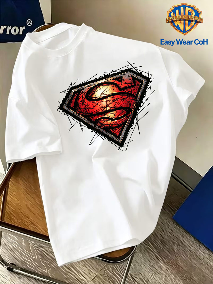 Warner Bros. Authentic Men's Pure Cotton Short-Sleeve T-Shirt, Featuring a Classic Hand-drawn Sketch-style Superman Core Pattern + S Shield Logo Creative Print. The Sketch Design Has Finely Detailed Layers, and the Pure Cotton Fabric Dispels Summer - White