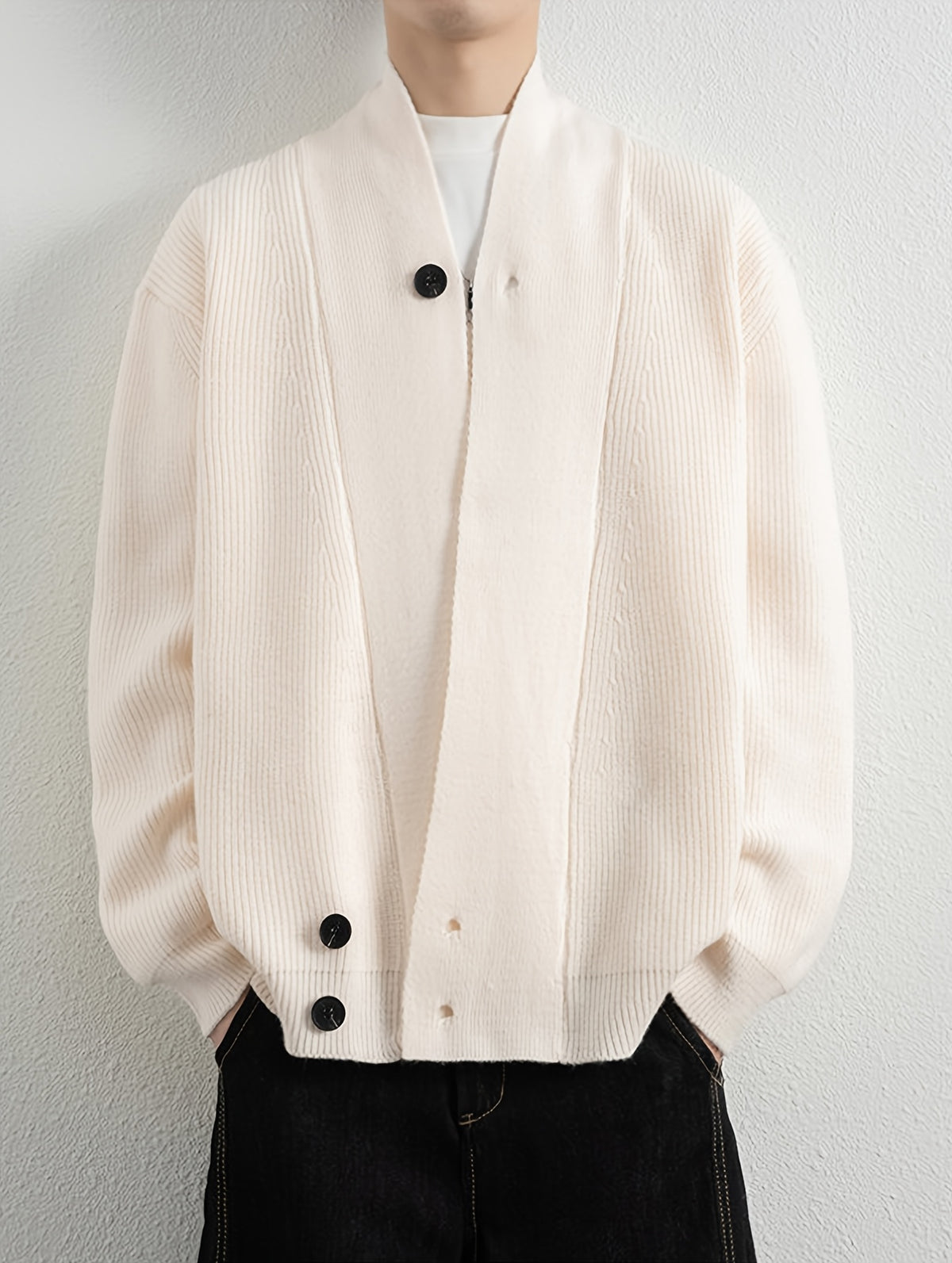 1pc Men'S Pit-Stripe Knit Cardigan, Irregular Diagonal Button V-Neck Design Loose Casual Fall Winter Off-Shoulder Fit Daily Commute Outerwear Sweater Jacket - White
