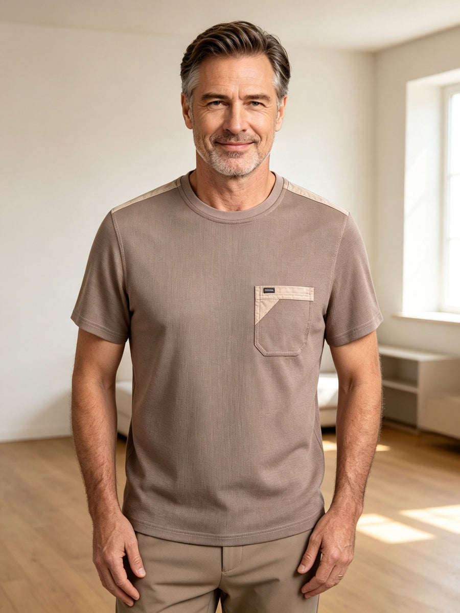 Middle-Aged And Elderly Summer American Denim Craft Washed Distressed Short Sleeve T-Shirt with Real Pockets Casual Nostalgic Retro Polo Shirt Washed Distressed Craft Faded Effect - Coffee Brown