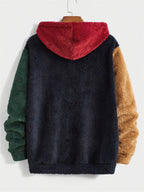 Men's Multicolor Plush Hoodie with Contrast Embroidery, Warm for Autumn/Winter, Long Sleeve, Machine Washable - Navy Blue