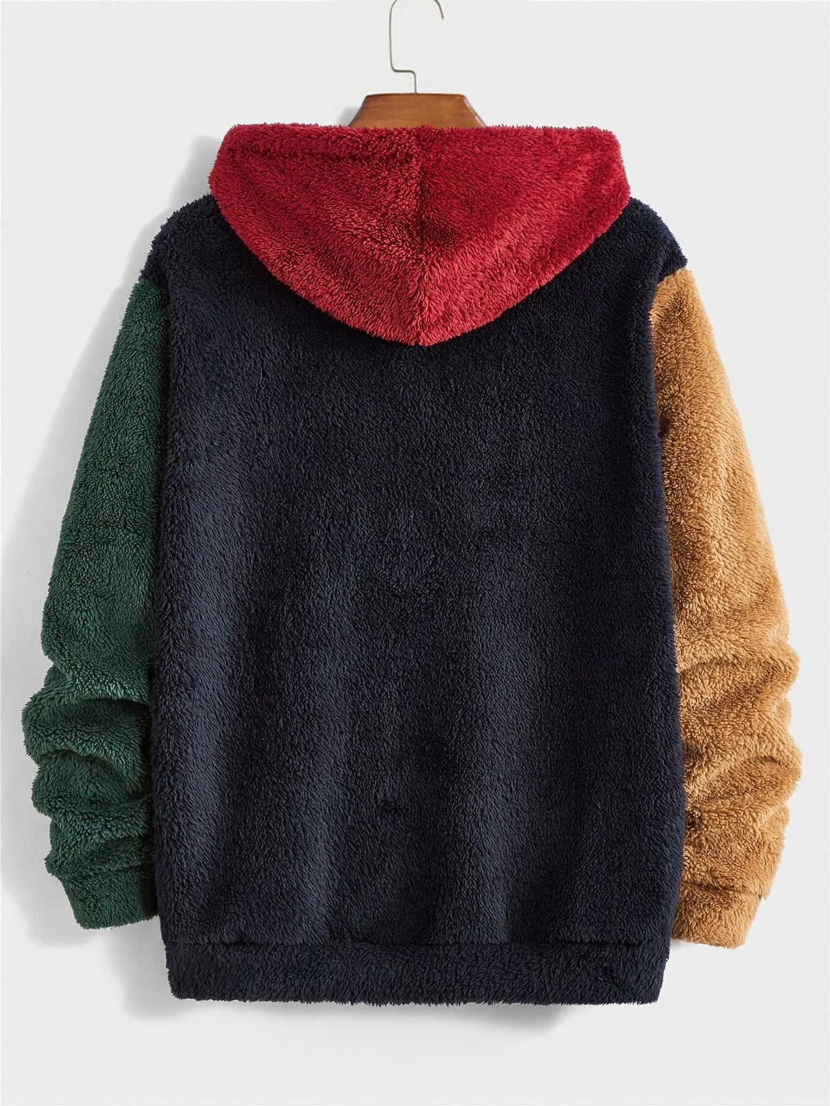 Men's Multicolor Plush Hoodie with Contrast Embroidery, Warm for Autumn/Winter, Long Sleeve, Machine Washable - Navy Blue