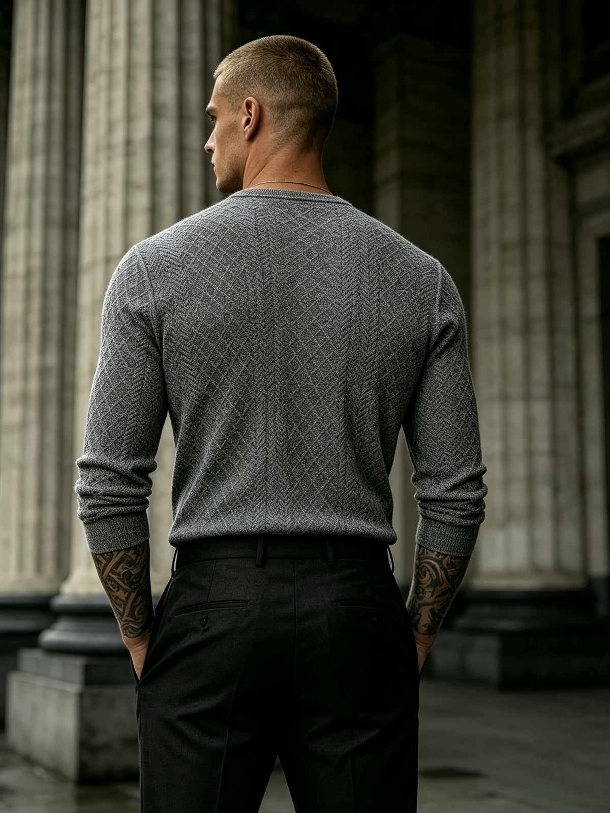Joshmei OBM Black Friday Men's Dark Gray Geometric Knit Henley Neck Top, Diamond Weave Jacquard Pattern, Refined Casual Style, Autumn/Winter Slim Fit Long Sleeve Pullover, Suitable for Daily Commuting, Streetwear, and Weekend Gatherings - Dark Gray