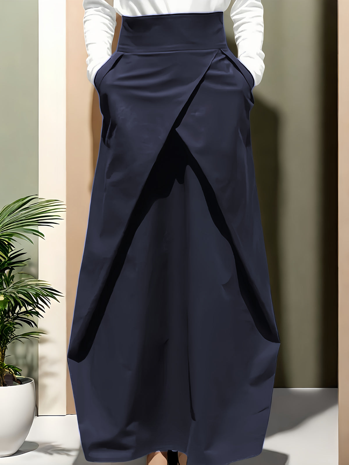 Ladies' Elegant High-Waisted Solid Color Skirt with Elastic Waistband and Pockets - Versatile Midi Summer Dress, Machine Washable, Suitable for Holiday Casual or Office Wear - Beach Outing - Opaque Material - Navy Color