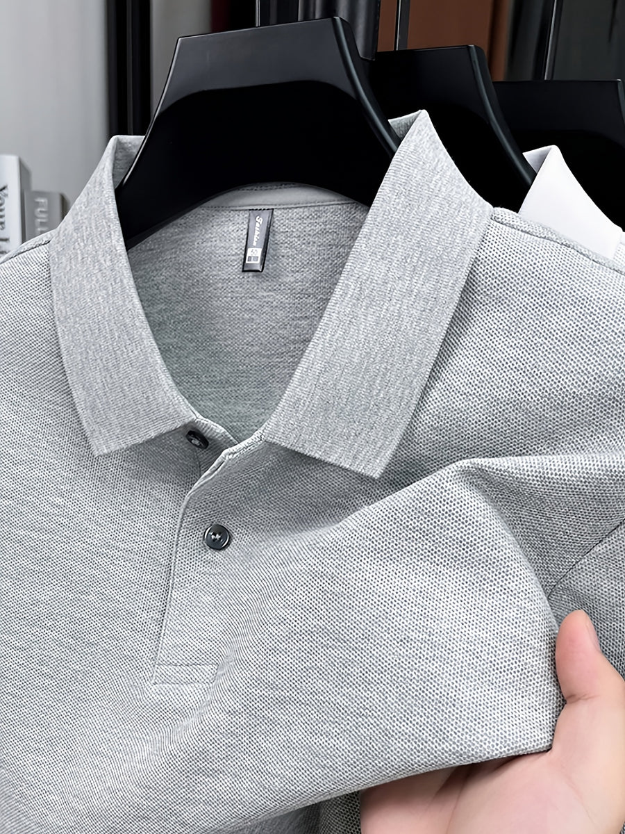 Spring and Autumn Men's Lapel Polo Shirt, Fashionable Solid Color Base Layer Top, Versatile Business Casual Long Sleeve T-Shirt, Suitable for Daily Work Scenes, The Best Gift for Friends and Relatives - Ash