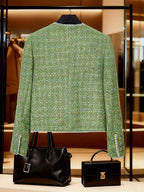 Green Coat Fashion Jacket Top for Women, Elegant Socialite Temperament, Autumn/Winter New Short Sleeve Long Sleeve Outerwear with Button-Front Design, Heavy Beading Detail - Green