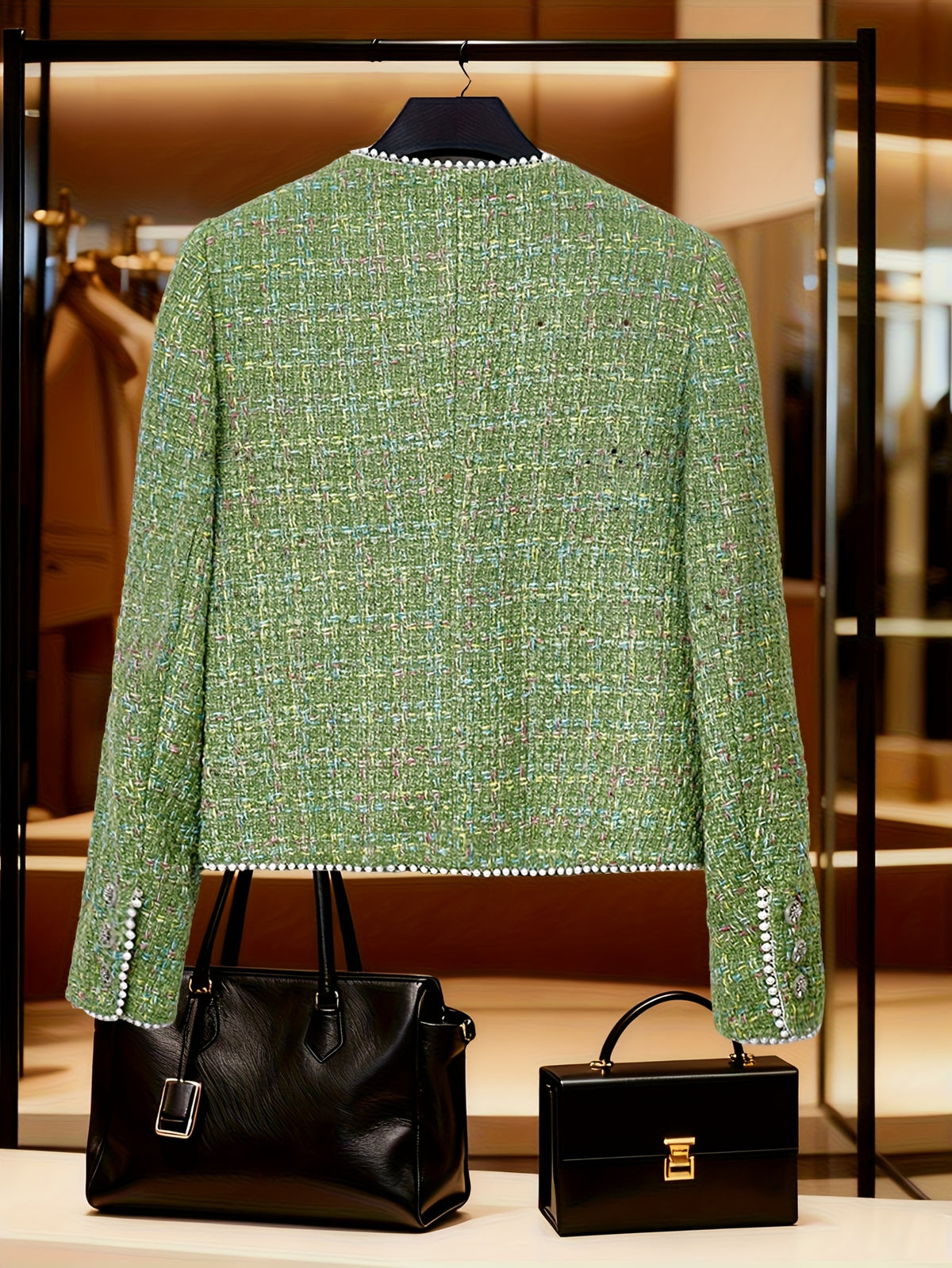 Green Coat Fashion Jacket Top for Women, Elegant Socialite Temperament, Autumn/Winter New Short Sleeve Long Sleeve Outerwear with Button-Front Design, Heavy Beading Detail - Green