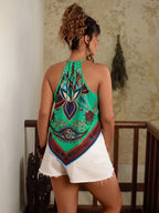 Bohemian Floral Print Halter Neck Vest, Vacation Style Irregular Hem Sleeveless Top, Ethnic Style Camisole ASD1 - Green