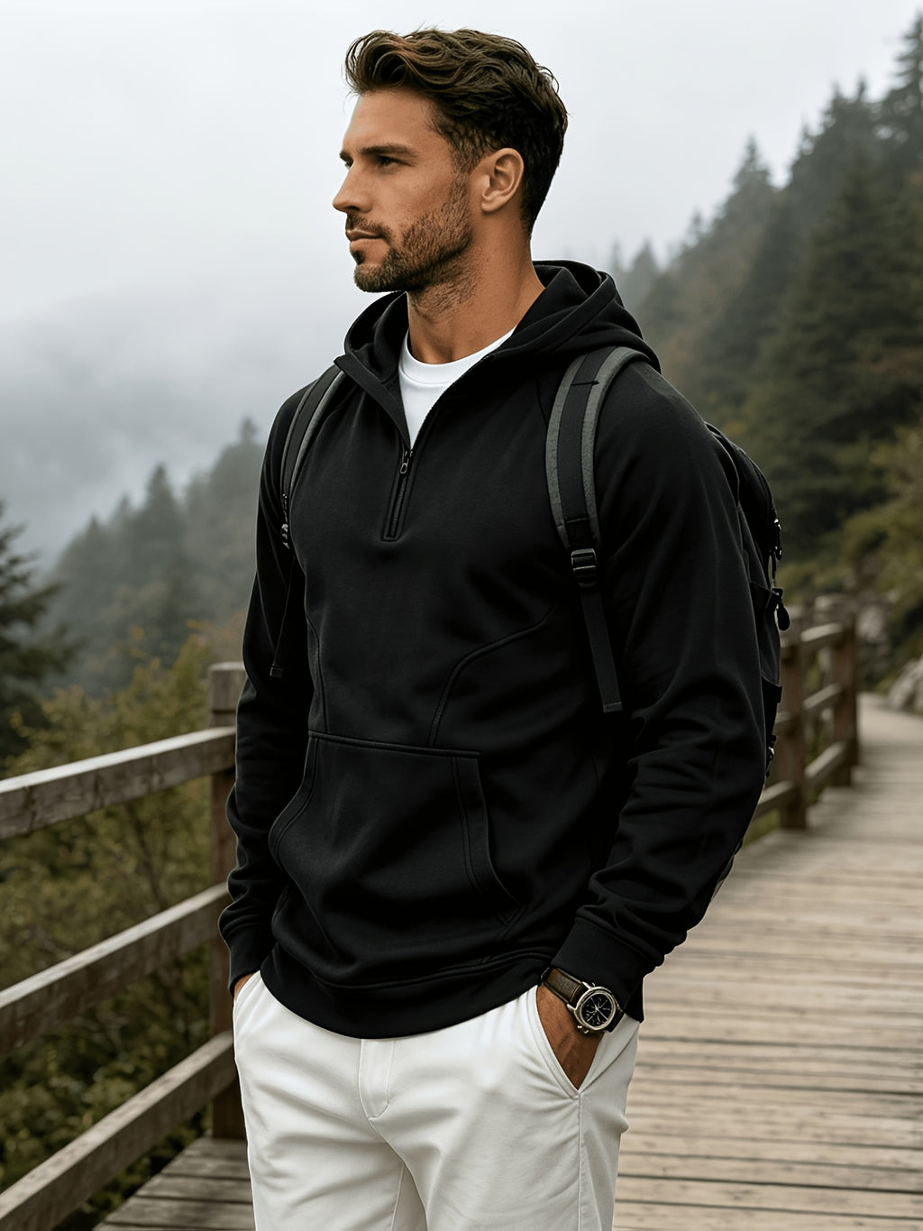 Heavyweight Autumn/Winter Men's Outdoor Sports & Fitness Spliced Hooded Loose Fit Inverted Triangle Sweatshirt - Black