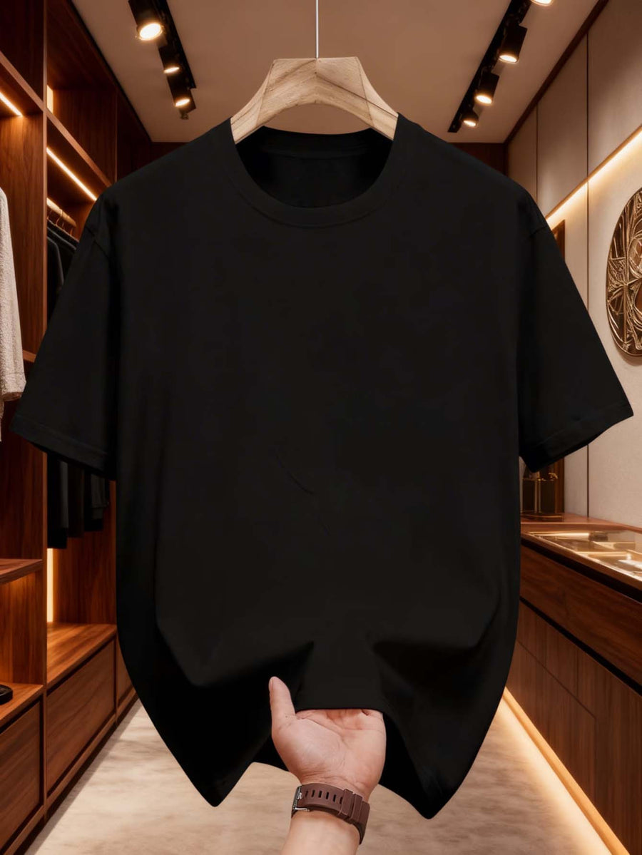 100% Pure Cotton Men's T-shirt, Summer Short-sleeve Lightweight Top, Fashionable Trendy Design, Casual Versatile Round Neck Design, Breathable and Comfortable, with Abstract Geometric Line Art Face Print Pattern - Black