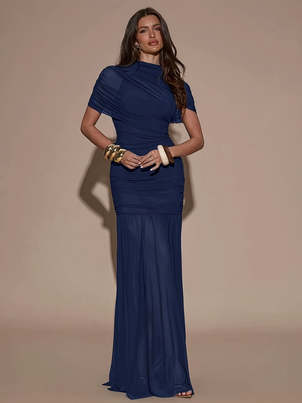 Navy Blue Off-Shoulder Short Sleeve Mesh Long Dress for Women, High Neck Single Shoulder Drape Ruched Waist Slimming -Hugging Fishtail Floor-Length Gown, Solid Color Light Luxury Premium Evening Dress, Slimming Drape Flowy Mesh Fabric - Blue